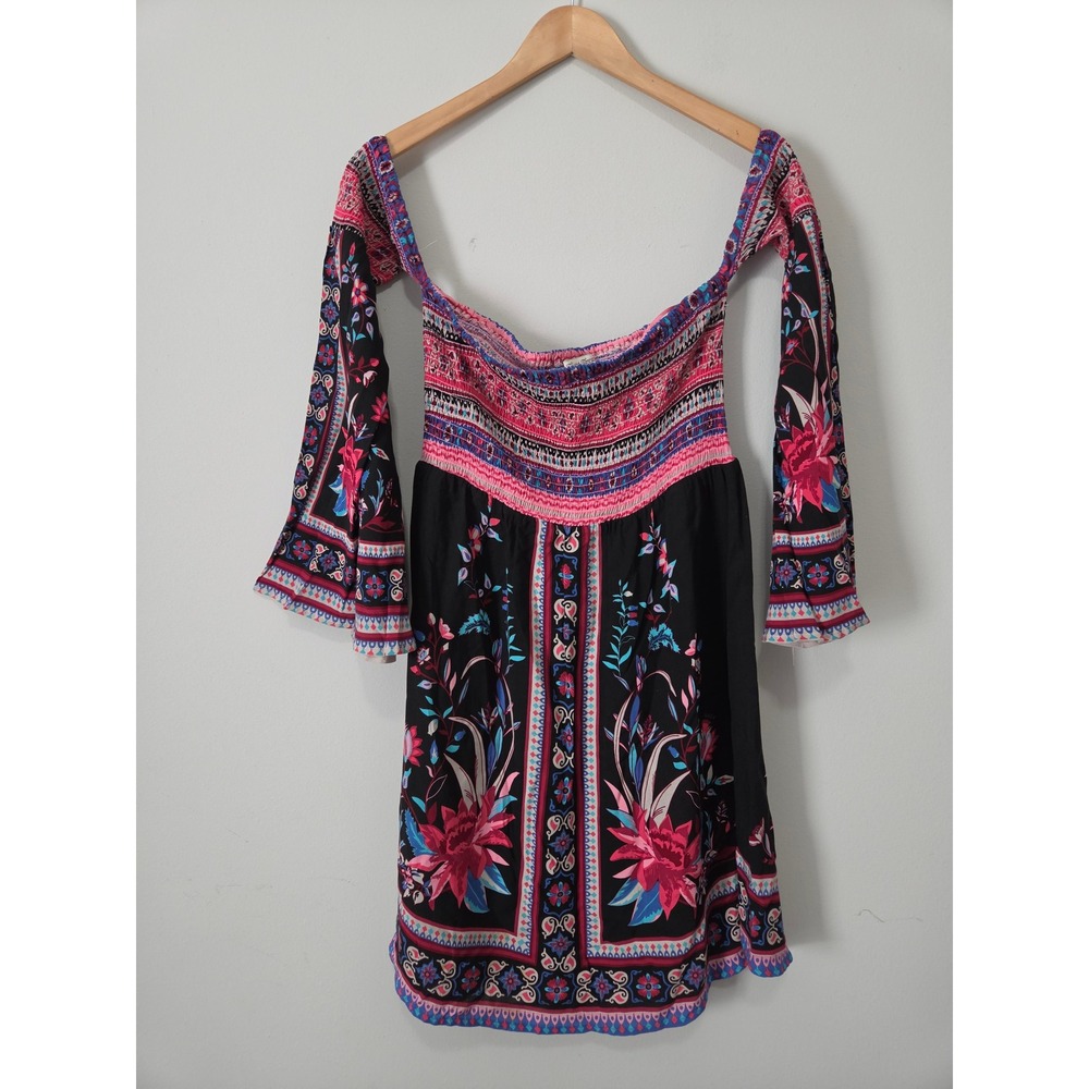 Flying Tomato Boho Smocked Floral Bellโ Sleeve Mini Dress Black Pink Large 15532